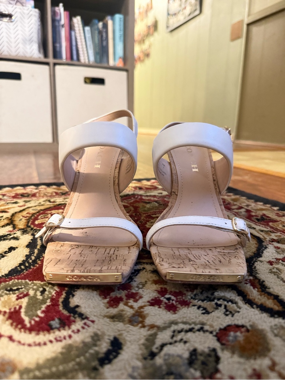 Coach White Cork Block Heel Sandals with Gold Accents